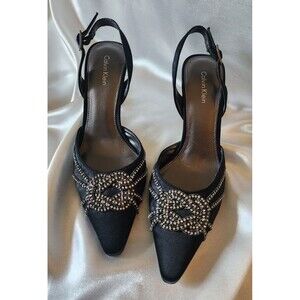 Calvin Klein Devine Silk Satin Pumps Slingback Strap Rhinestones Black Size 6M